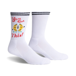 White crew socks with black stripes and a fun graphic of two dancing bananas that say 'You Got This!'
