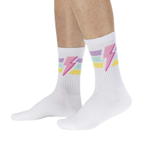 Lifestyle shot of male model wearing white Thunderstruck socks.