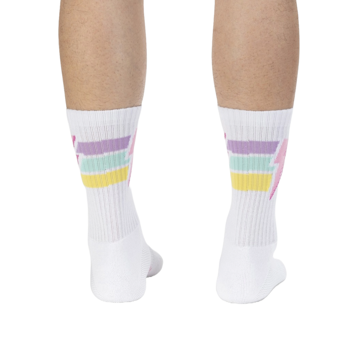 Close-up detail shot of the Thunderstruck sock's lightning bolt and stripe design.