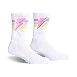 Pair of white crew socks with pastel stripes and pink lightning bolt design.