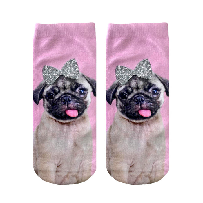 Pair of pink ankle socks featuring an adorable pug puppy wearing a silver glitter bow. }}
