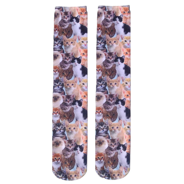 Flat lay product shot of a pair of Kitty All Over knee-high socks, highlighting the full print detail.