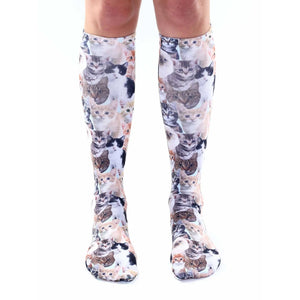 Knee-high socks with an all-over print of various kittens in shades of brown, black, white, and orange on a light blue background.