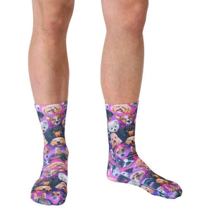 Lifestyle shot of a person wearing the Galaxy Puppy socks, showcasing the socks on their feet.
