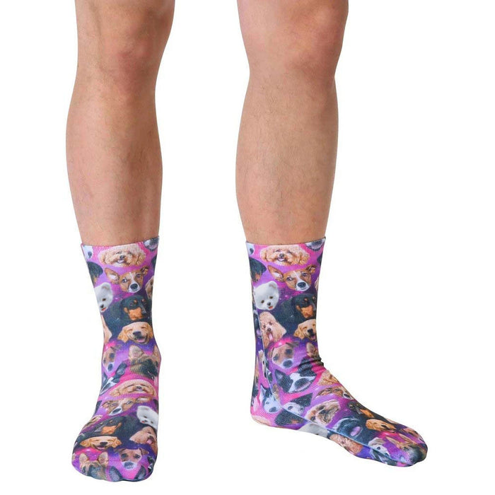 Lifestyle shot of a person wearing the Galaxy Puppy socks, showcasing the socks on their feet.