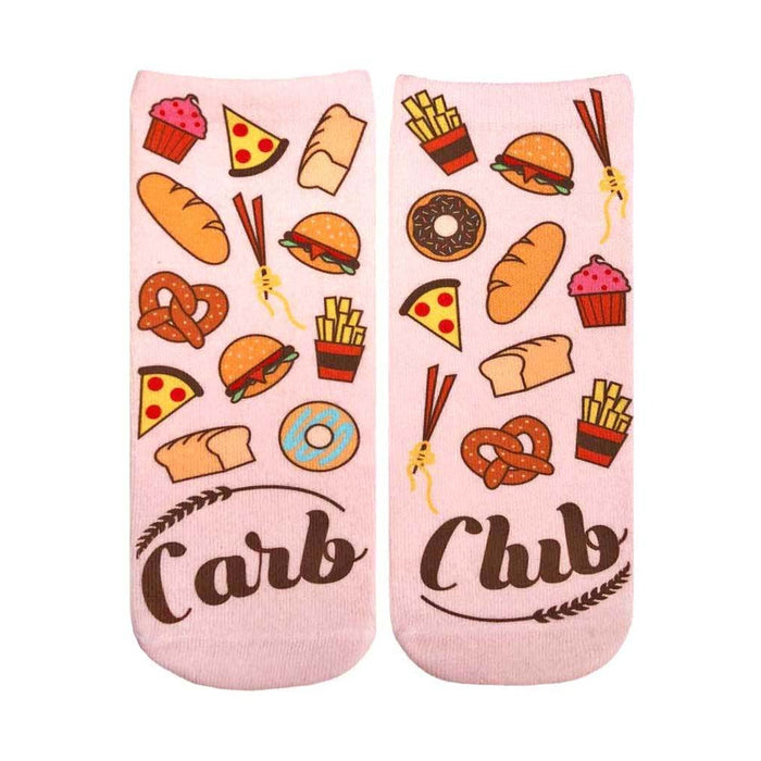 Pair of pink ankle socks with illustrated carbs: pizza, burgers, fries, pretzels, bread, and cupcakes. 'Carb Club' is written on the bottom. }}
