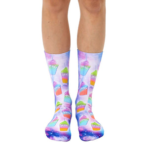 Pair of crew socks with a vibrant design of colorful slushies on a galaxy-print background. The slushies are pink, green, and orange.