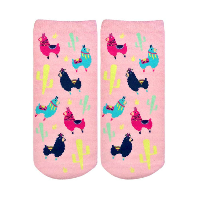 A pair of pink ankle socks with a fun pattern. The design includes colorful llamas, cacti, and stars. }}