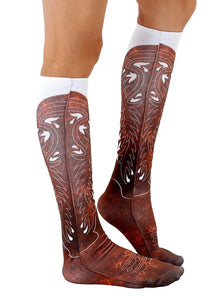 Lifestyle shot showing the socks on a person's legs, emphasizing their knee-high length and the brown cowboy boot design.