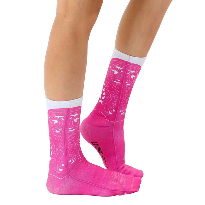 Lifestyle shot of Cowgirl socks on a woman's legs, showcasing the design and fit.