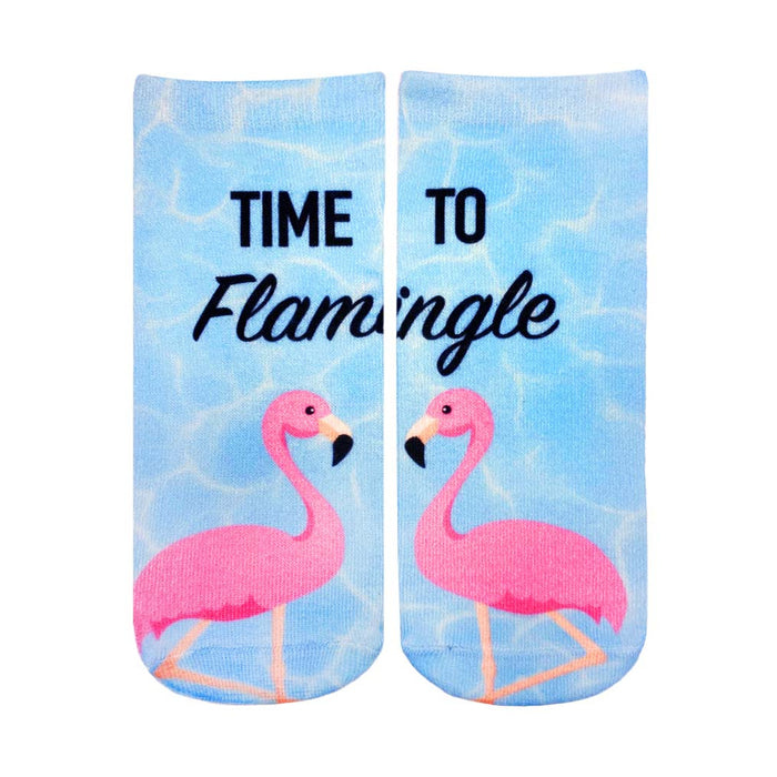 Crew socks with a light blue pool background, pink flamingos, and the text 'Time To Flamingle'. }}