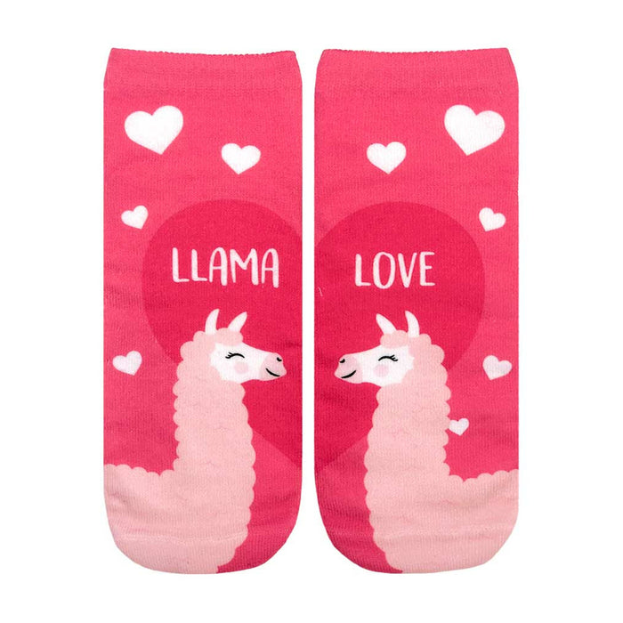Crew socks in pink with a fun design. Two llamas nuzzle each other inside a heart, surrounded by smaller hearts. Text reads 'Llama Love'. }}