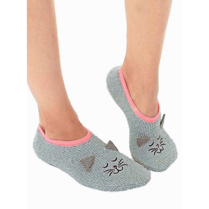 A pair of gray cat slippers with pink trim and a cat face design on each slipper.