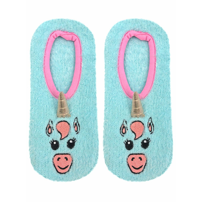 A pair of blue unicorn slippers with pink trim.