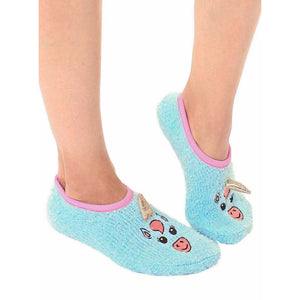 A pair of blue unicorn slippers with pink trim.