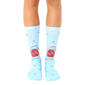 Pair of light blue crew socks featuring a retro-style graphic that says 'I Cannot People Today'.  Red and white accents and small stars.