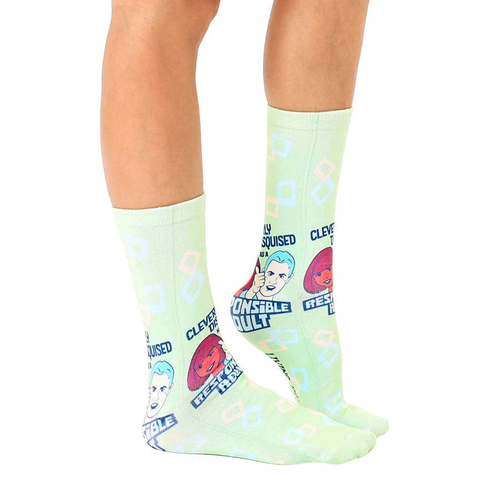 Lifestyle shot of a person wearing the 'Responsible Adult' socks, showcasing the fit and style.