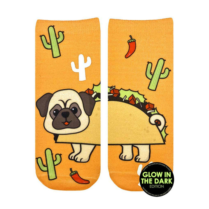 Ankle-high socks in orange. The design features a pug dressed as a taco, cacti, and chili peppers. It glows in the dark! }}