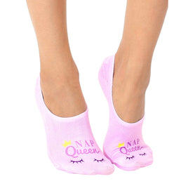 liner socks in pink with graphic that says "nap queen."   