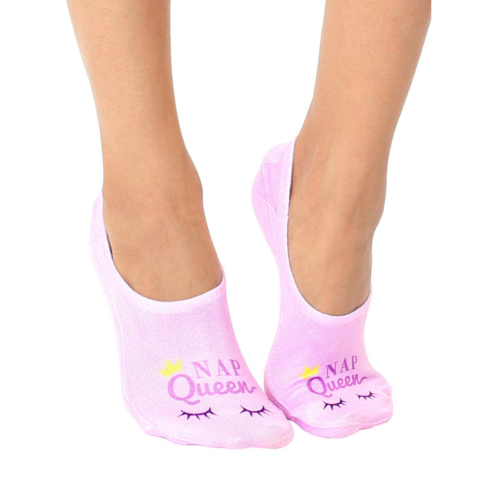 liner socks in pink with graphic that says 