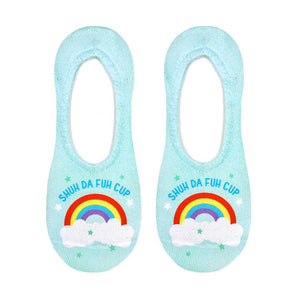 A pair of mint green no-show socks with a rainbow and clouds design and the words 
