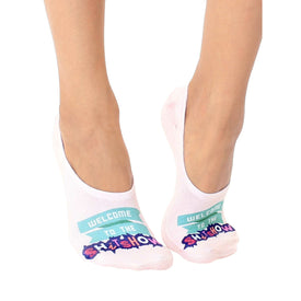 women's pink liner socks with "welcome to the shitshow" text.  