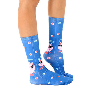 Lifestyle photo showcasing the 'Don't Stress Meowt' socks on a person's feet, highlighting their fit and style.