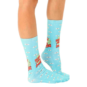 Close-up of 'Don't Be A Prick' socks showcasing the design details and pastel color palette.