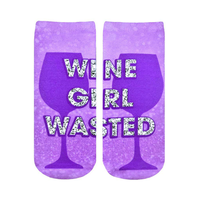 Purple ankle socks with a sparkly silver 'Wine Girl Wasted' design and purple wine glass silhouettes. }}