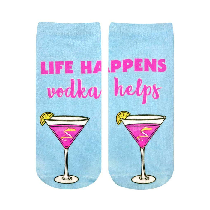 Pair of light blue ankle socks with a pink cocktail and the text
