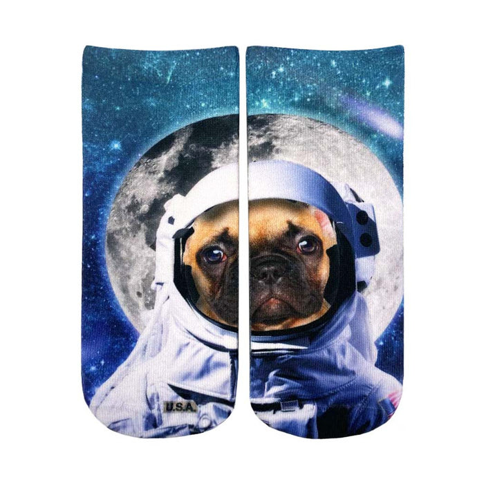 Crew socks featuring a tan pug dog wearing an astronaut suit against a dark blue space background with a large moon. }}