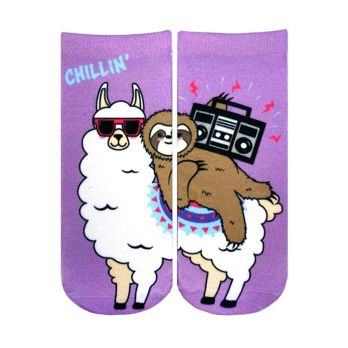Ankle socks in purple featuring a white llama wearing sunglasses, with a brown sloth riding on its back holding a boombox. }}