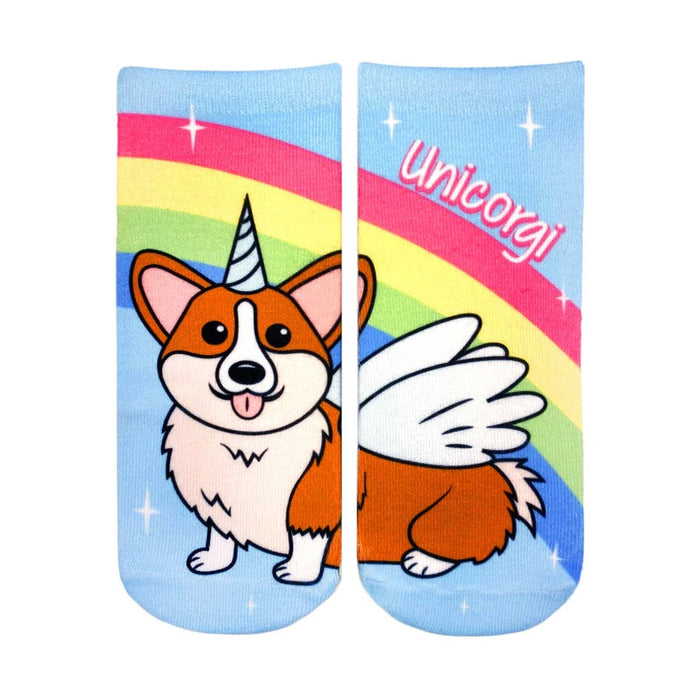 Low cut socks featuring a cute cartoon corgi with a unicorn horn and wings against a pastel rainbow on a light blue background. }}