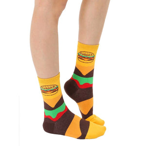 Close-up of 'Burger And Slider Me And Mini' adult socks.  Shows the burger design and striped pattern.