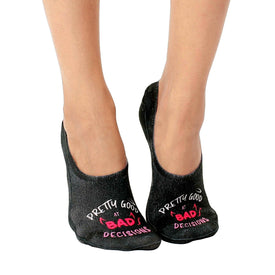 womens black liner socks with 'pretty good at bad decisions' written on them in pink.   