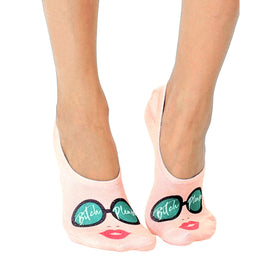 pink liner socks with black sunglasses and 'bitch please' text; womens funny socks.   