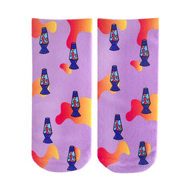   ladies' ankle-length retro purple lava lamp with yellow, orange, and blue wavy line design socks   