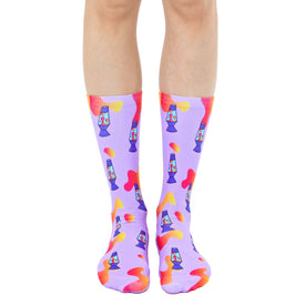 purple crew socks with an all-over pattern of pink, orange, and yellow lava lamps. retro theme. available for men and women.  
