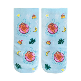 blue ankle socks for women featuring a pattern of sloths floating on inner tubes with sunglasses, bananas, palm leaves, and coconut drinks.  
