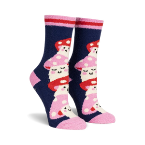 Pair of navy blue fuzzy slipper socks with a whimsical stacked mushroom design in pink and red. Features pink and red stripes at the cuff.