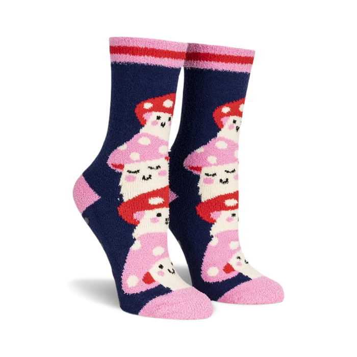 Pair of navy blue fuzzy slipper socks with a whimsical stacked mushroom design in pink and red. Features pink and red stripes at the cuff.