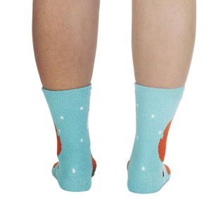 Back view of the fox slipper socks on a person's legs.