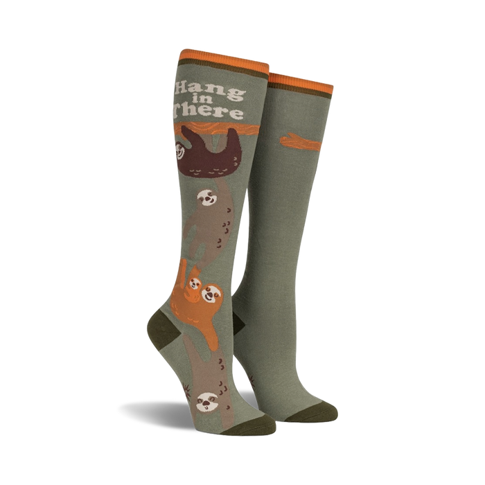 green and brown sloth knee high socks for women with 