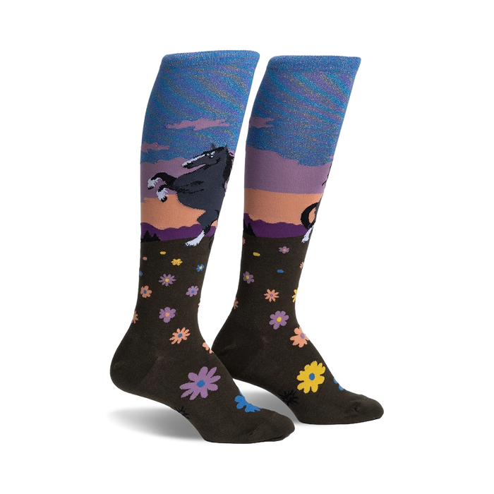 Pair of women's knee-high socks.  Olive green with a sunset scene, a dark horse, and scattered flowers. Blue and purple iridescent top cuff.