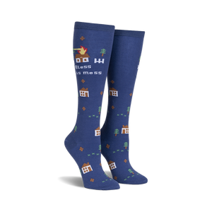 Pair of navy blue knee-high socks with a whimsical design.  Features small houses, trees, and a burning house with the text 'Bless This Mess'.