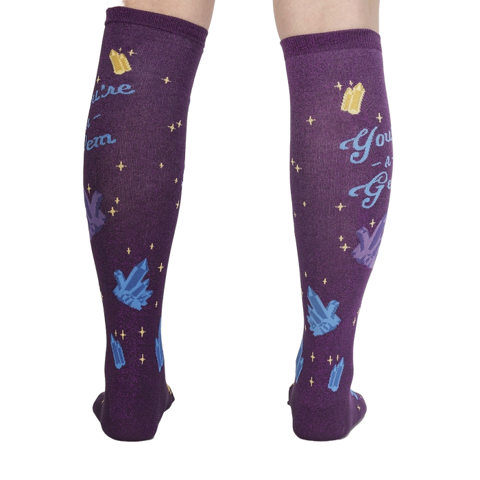 Back view of the 'You're a Gem' knee-high socks, highlighting the full design and purple color.