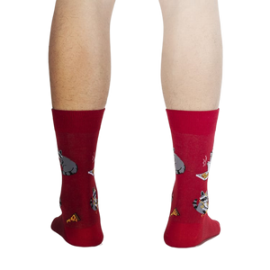 Back view of the red Trash Panda socks, showcasing the design on the back.
