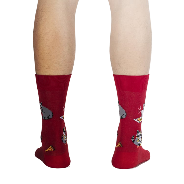 Back view of the red Trash Panda socks, showcasing the design on the back.