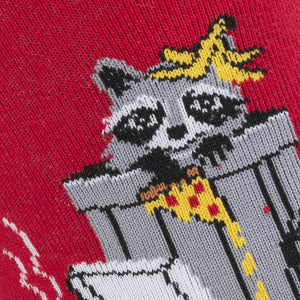 Close-up detail shot of a raccoon design on the socks, showing its face and pizza.