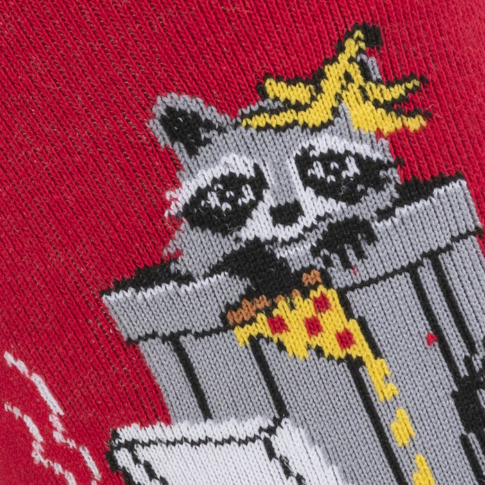 Close-up detail shot of a raccoon design on the socks, showing its face and pizza.